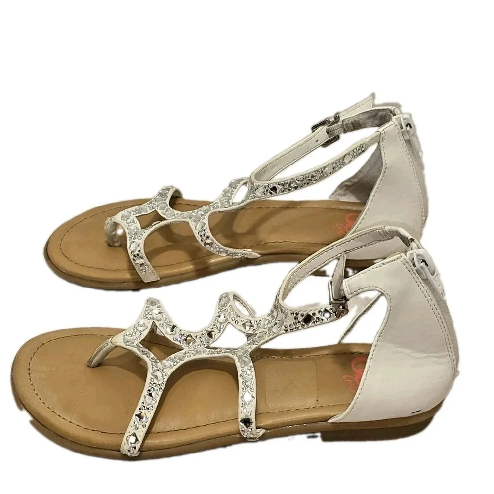GB Girls Xephy White Rhinestone Gladiator Thong Sandals Sz 3 Back Zip GUC